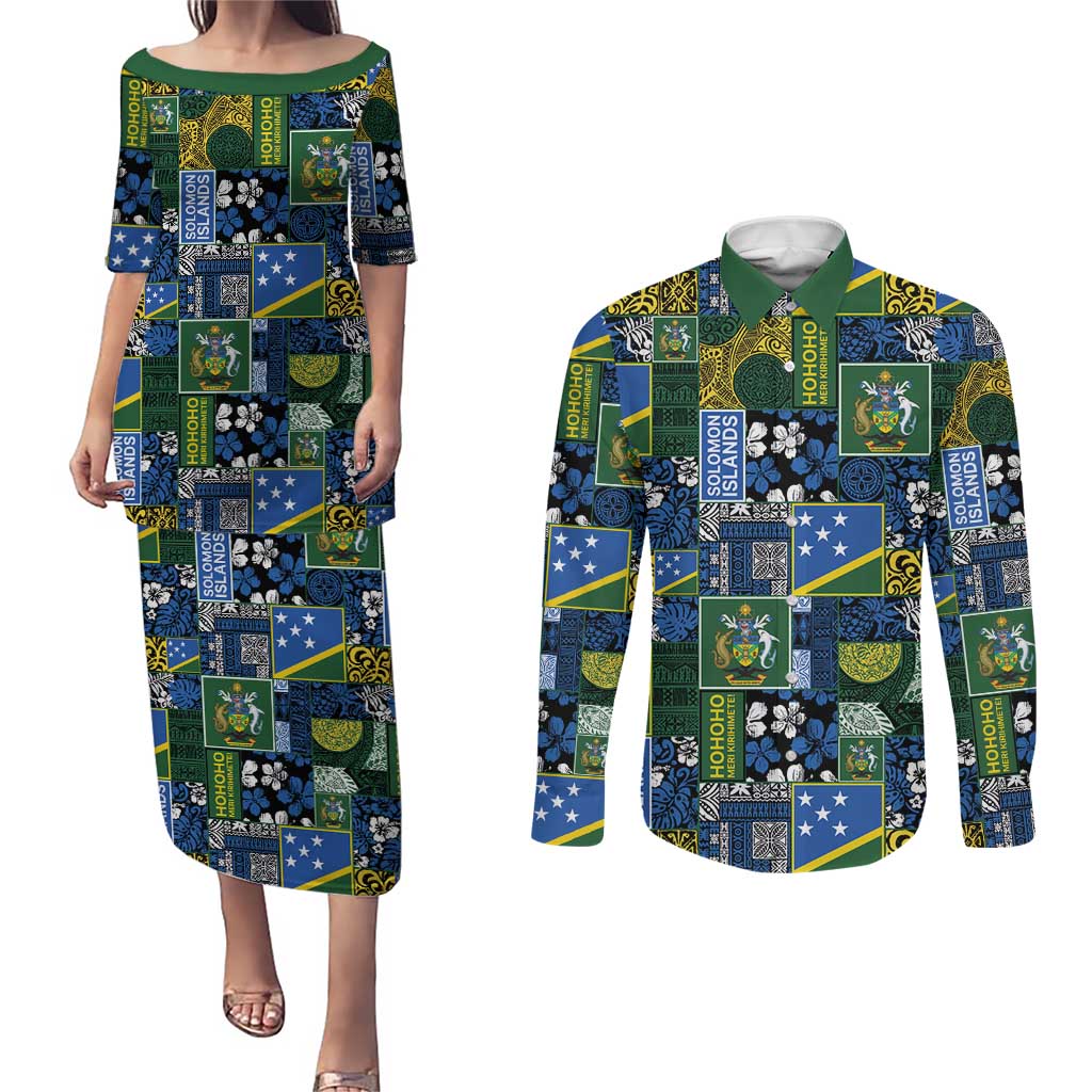 Solomon Islands Meri Kirihimete Couples Matching Puletasi and Long Sleeve Button Shirt Pacific Patchwork Xmas Vibes LT9 Blue - Polynesian Pride