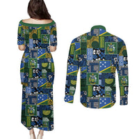 Solomon Islands Meri Kirihimete Couples Matching Puletasi and Long Sleeve Button Shirt Pacific Patchwork Xmas Vibes LT9 - Polynesian Pride