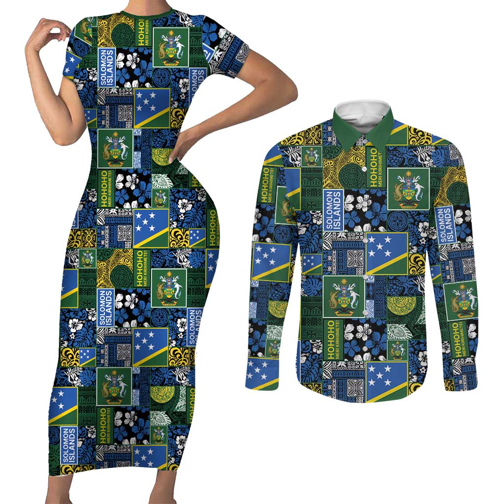 Solomon Islands Meri Kirihimete Couples Matching Short Sleeve Bodycon Dress and Long Sleeve Button Shirt Pacific Patchwork Xmas Vibes LT9 Blue - Polynesian Pride