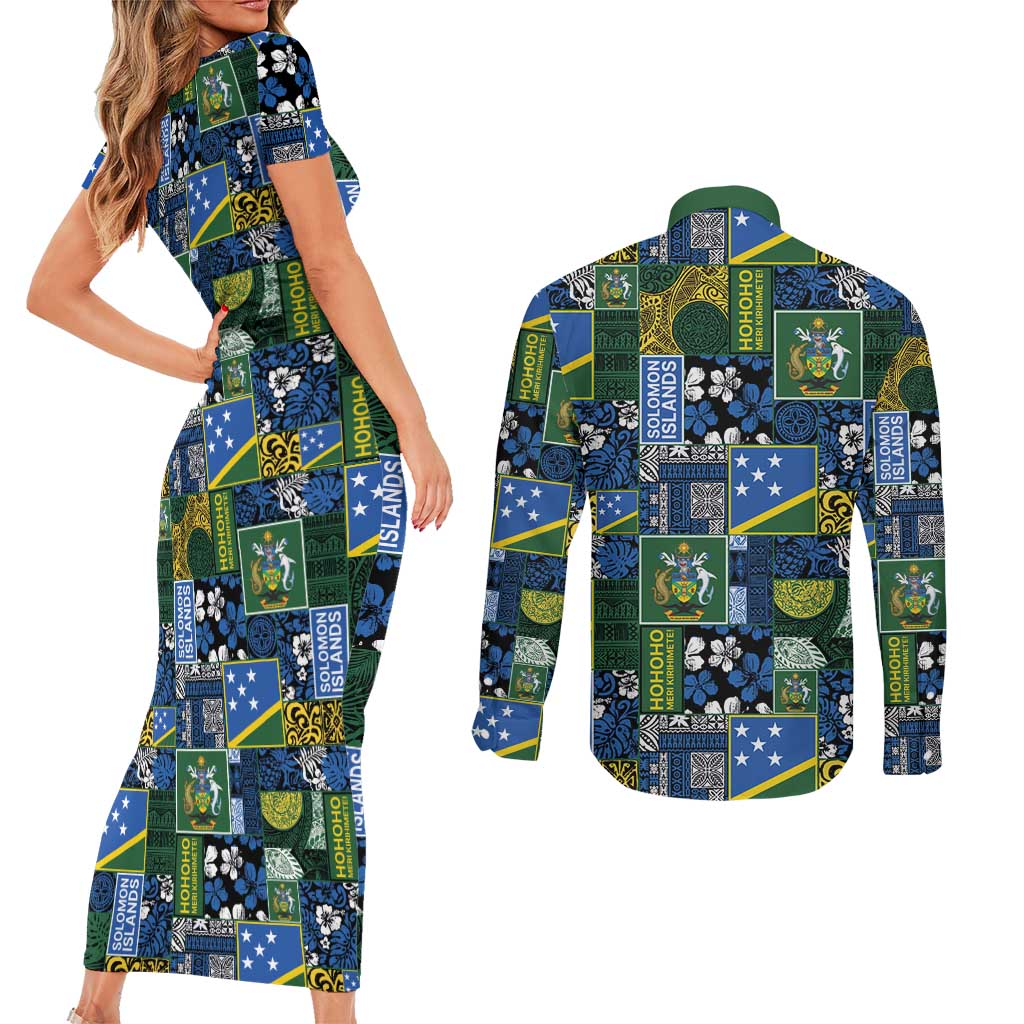 Solomon Islands Meri Kirihimete Couples Matching Short Sleeve Bodycon Dress and Long Sleeve Button Shirt Pacific Patchwork Xmas Vibes LT9 - Polynesian Pride