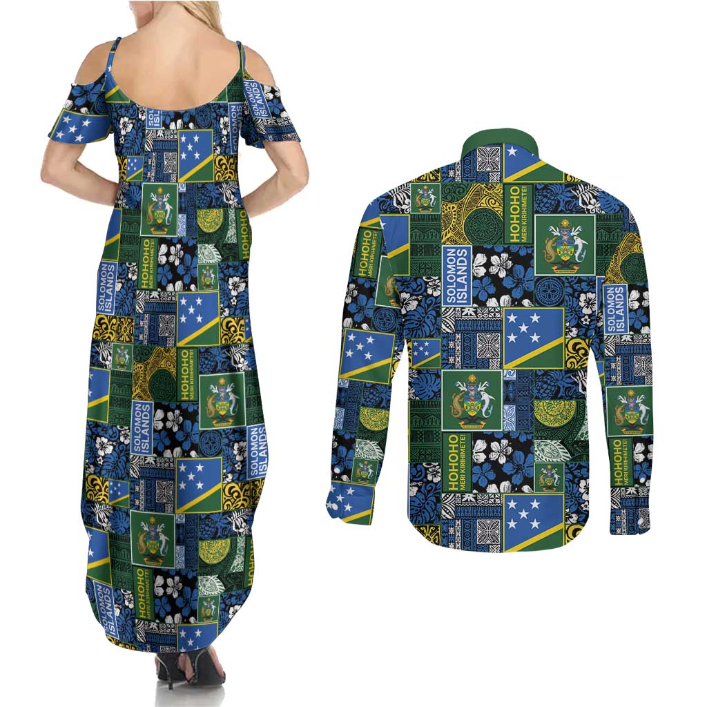 Solomon Islands Meri Kirihimete Couples Matching Summer Maxi Dress and Long Sleeve Button Shirt Pacific Patchwork Xmas Vibes - Polynesian Pride