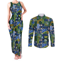 Solomon Islands Meri Kirihimete Couples Matching Tank Maxi Dress and Long Sleeve Button Shirt Pacific Patchwork Xmas Vibes - Polynesian Pride