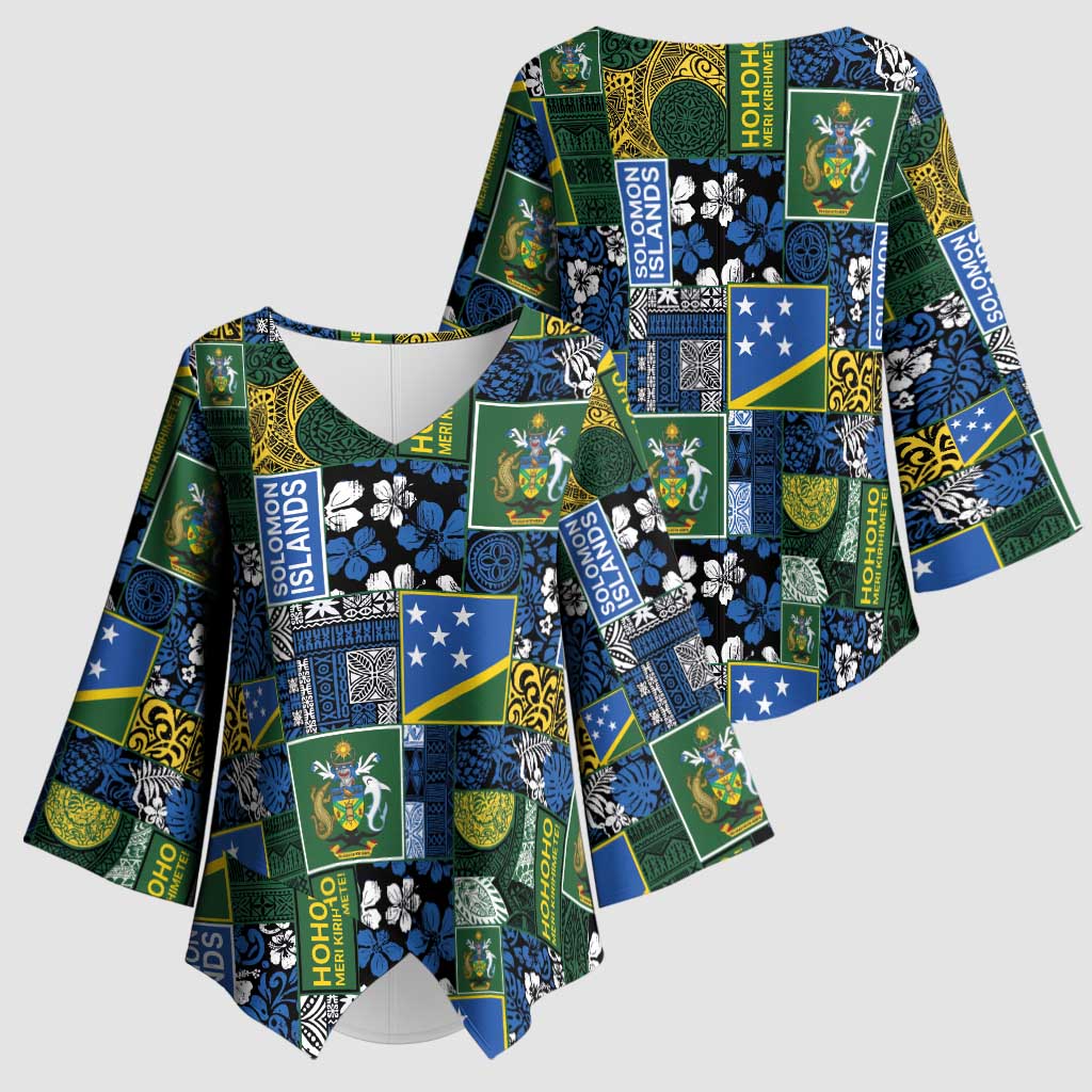 Solomon Islands Meri Kirihimete Kimono Sleeve Blouse Pacific Patchwork Xmas Vibes - Polynesian Pride