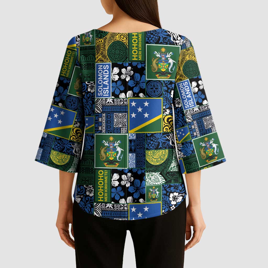 Solomon Islands Meri Kirihimete Kimono Sleeve Blouse Pacific Patchwork Xmas Vibes - Polynesian Pride