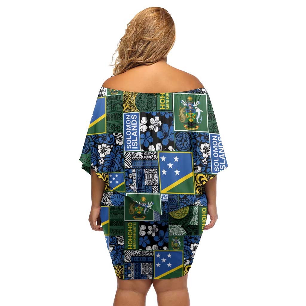 Solomon Islands Meri Kirihimete Off Shoulder Short Dress Pacific Patchwork Xmas Vibes - Polynesian Pride