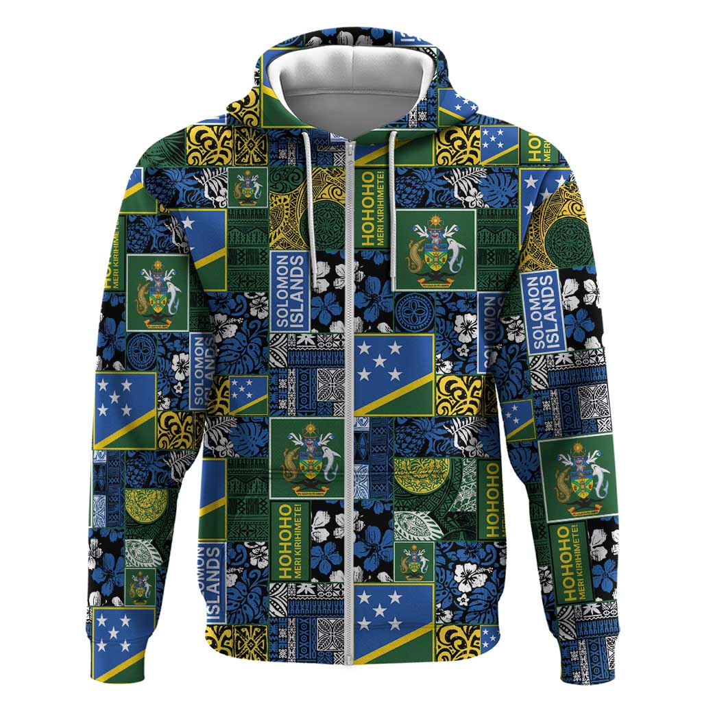 Solomon Islands Meri Kirihimete Zip Hoodie Pacific Patchwork Xmas Vibes LT9 Zip Hoodie Blue - Polynesian Pride