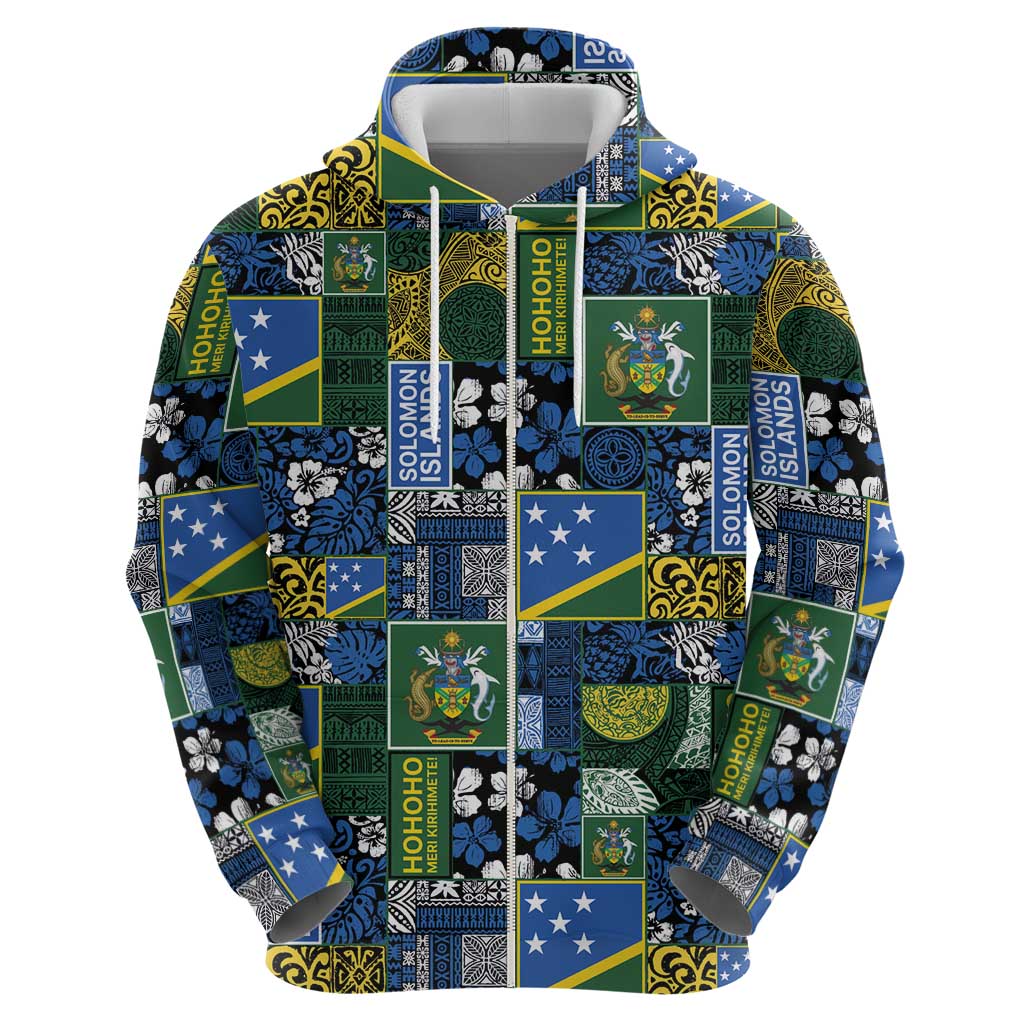 Solomon Islands Meri Kirihimete Zip Hoodie Pacific Patchwork Xmas Vibes LT9 - Polynesian Pride