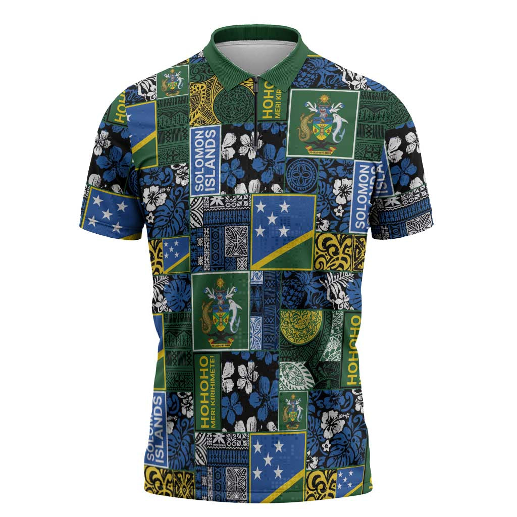 Solomon Islands Meri Kirihimete Zipper Polo Shirt Pacific Patchwork Xmas Vibes LT9 Blue - Polynesian Pride