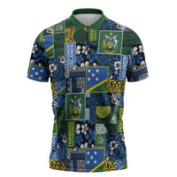 Solomon Islands Meri Kirihimete Zipper Polo Shirt Pacific Patchwork Xmas Vibes LT9 Blue - Polynesian Pride