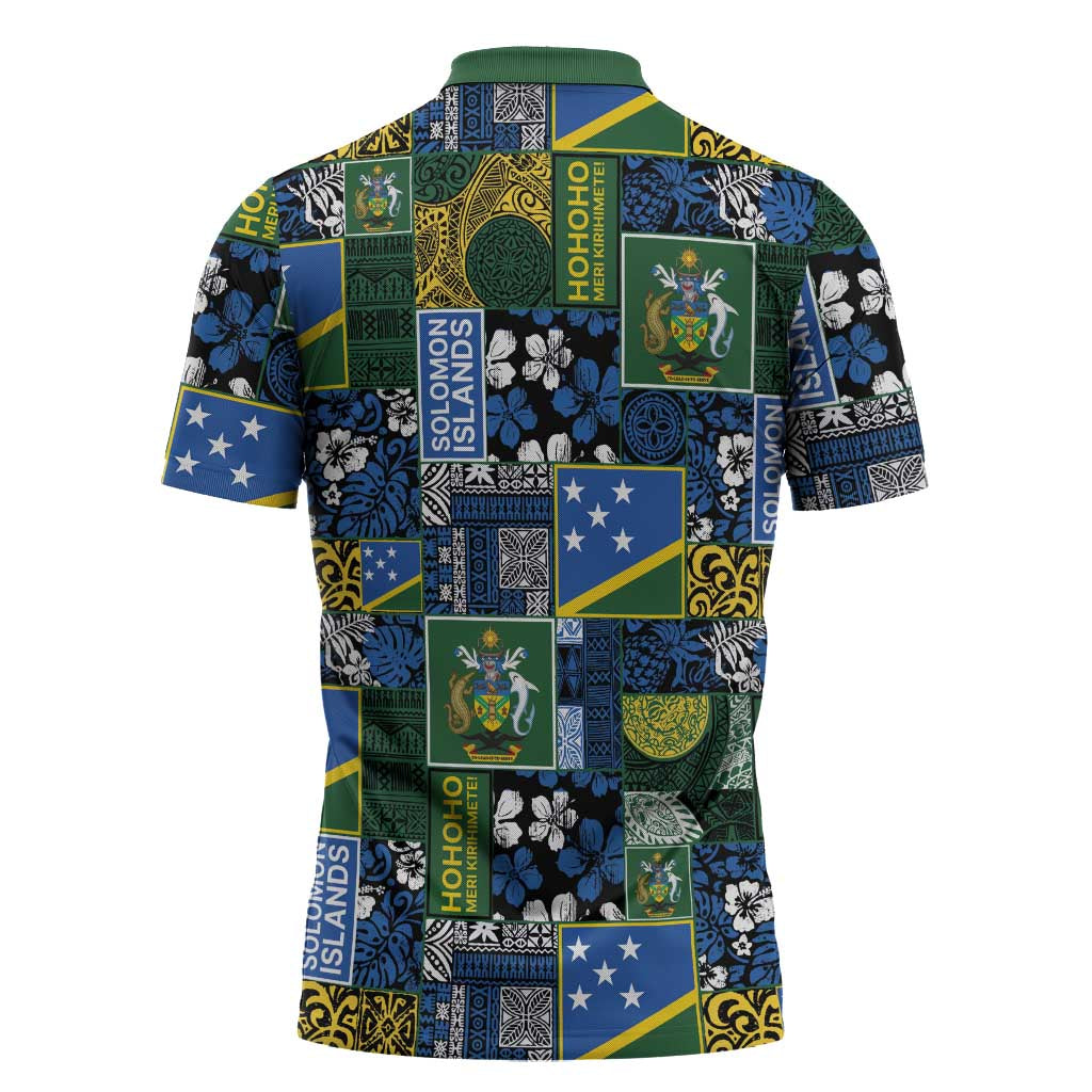 Solomon Islands Meri Kirihimete Zipper Polo Shirt Pacific Patchwork Xmas Vibes LT9 - Polynesian Pride