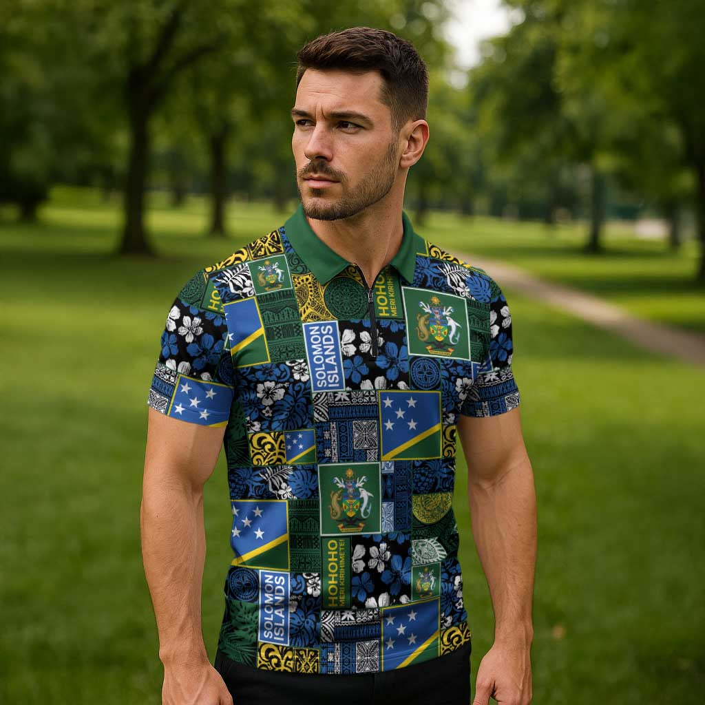 Solomon Islands Meri Kirihimete Zipper Polo Shirt Pacific Patchwork Xmas Vibes LT9 - Polynesian Pride