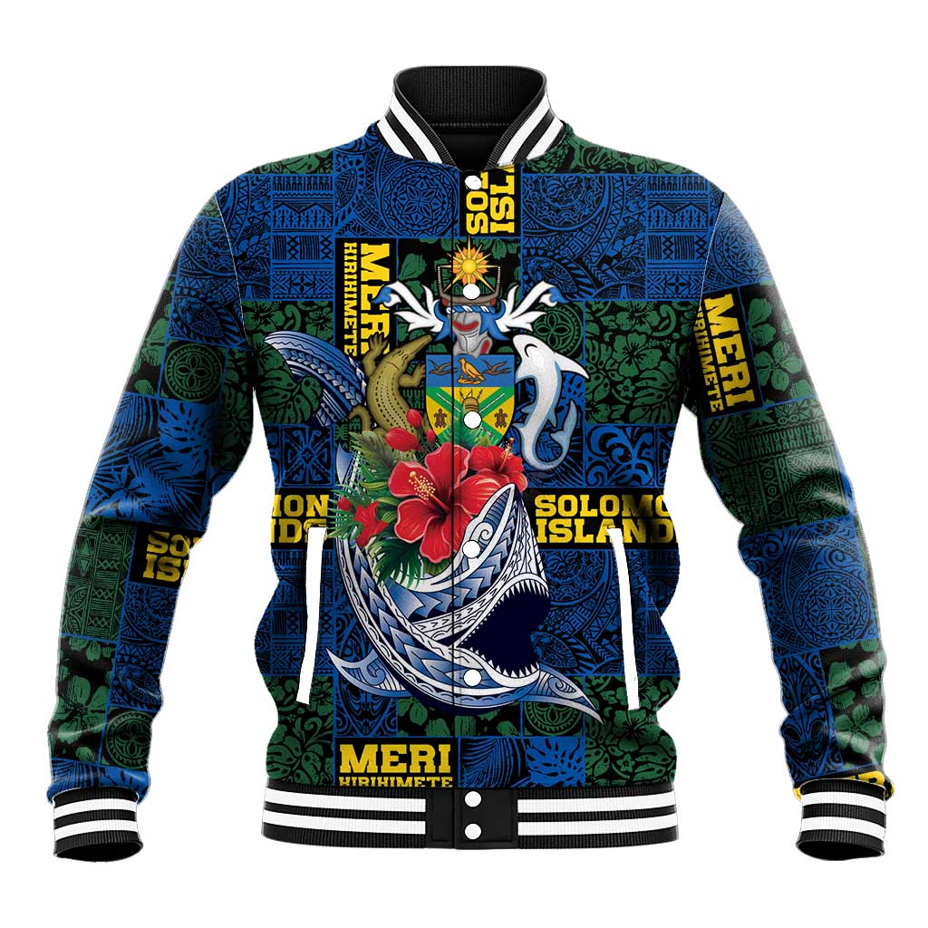 Solomon Islands Meri Kirihimete Baseball Jacket Funny Santa Riding Shark LT9 Unisex Blue - Polynesian Pride