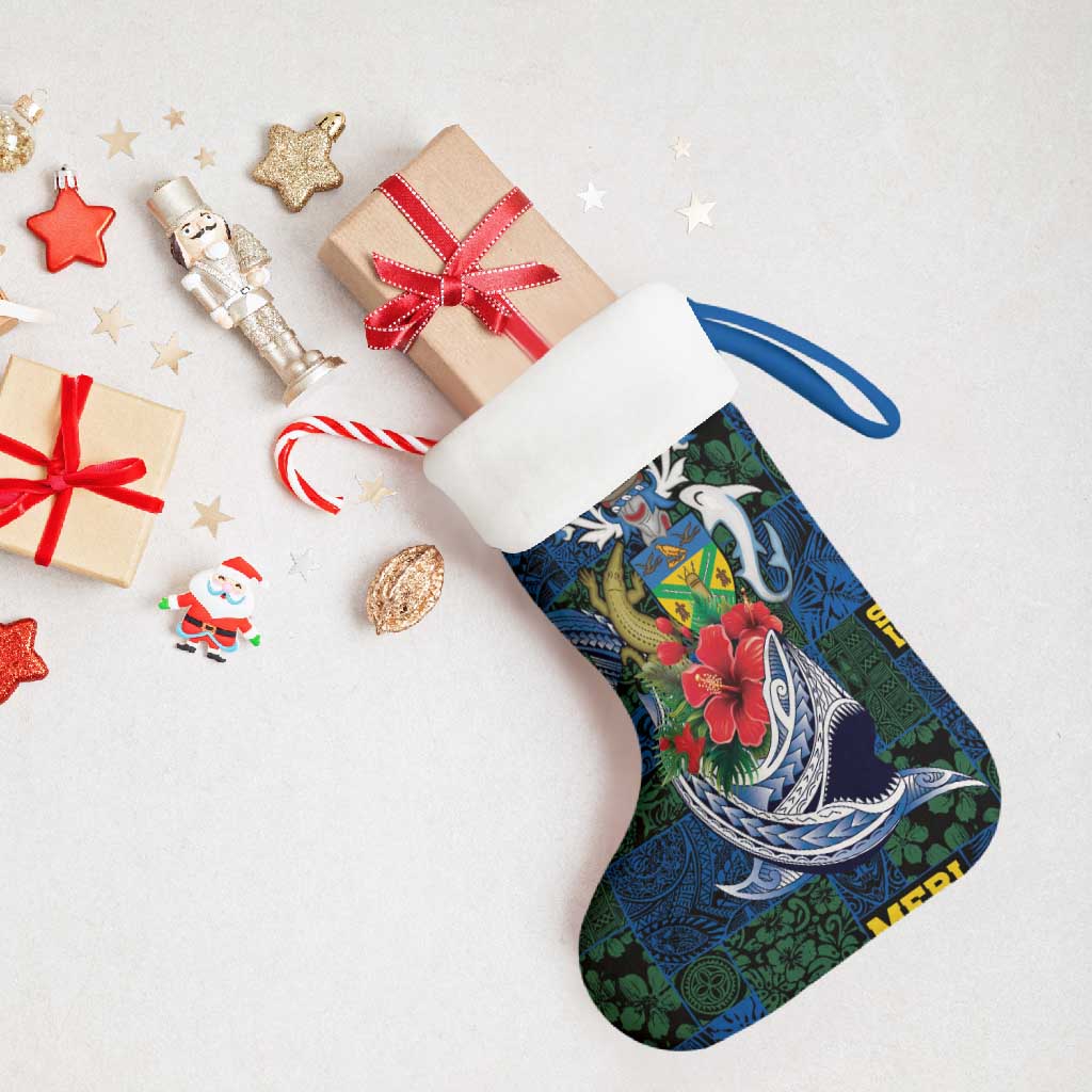 Solomon Islands Meri Kirihimete Christmas Stocking Funny Santa Riding Shark - Polynesian Pride