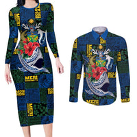 Solomon Islands Meri Kirihimete Couples Matching Long Sleeve Bodycon Dress and Long Sleeve Button Shirt Funny Santa Riding Shark LT9 Blue - Polynesian Pride