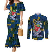 Solomon Islands Meri Kirihimete Couples Matching Mermaid Dress and Long Sleeve Button Shirt Funny Santa Riding Shark LT9 Blue - Polynesian Pride