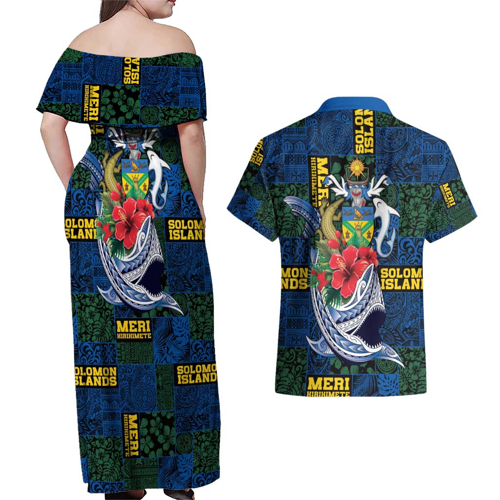 Solomon Islands Meri Kirihimete Couples Matching Off Shoulder Maxi Dress and Hawaiian Shirt Funny Santa Riding Shark - Polynesian Pride