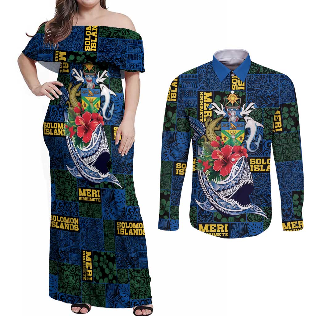 Solomon Islands Meri Kirihimete Couples Matching Off Shoulder Maxi Dress and Long Sleeve Button Shirt Funny Santa Riding Shark LT9 Blue - Polynesian Pride