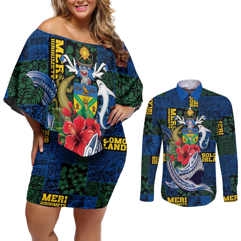 Solomon Islands Meri Kirihimete Couples Matching Off Shoulder Short Dress and Long Sleeve Button Shirt Funny Santa Riding Shark LT9 Blue - Polynesian Pride