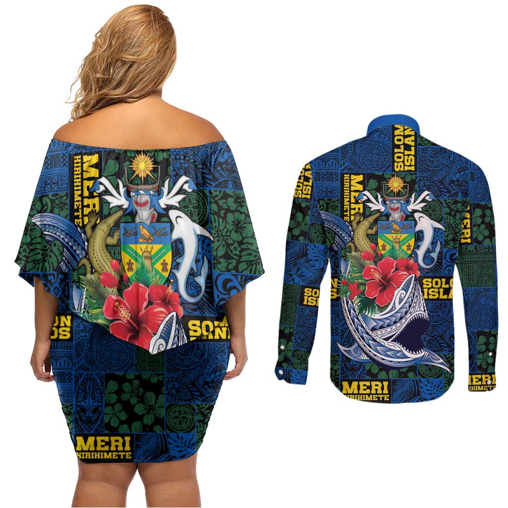 Solomon Islands Meri Kirihimete Couples Matching Off Shoulder Short Dress and Long Sleeve Button Shirt Funny Santa Riding Shark LT9 - Polynesian Pride