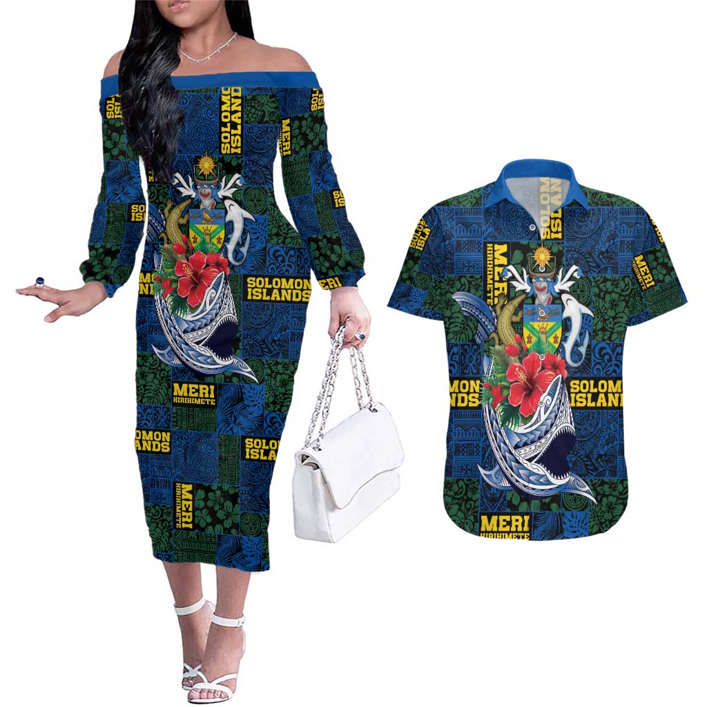 Solomon Islands Meri Kirihimete Couples Matching Off The Shoulder Long Sleeve Dress and Hawaiian Shirt Funny Santa Riding Shark - Polynesian Pride