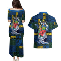 Solomon Islands Meri Kirihimete Couples Matching Puletasi and Hawaiian Shirt Funny Santa Riding Shark - Polynesian Pride