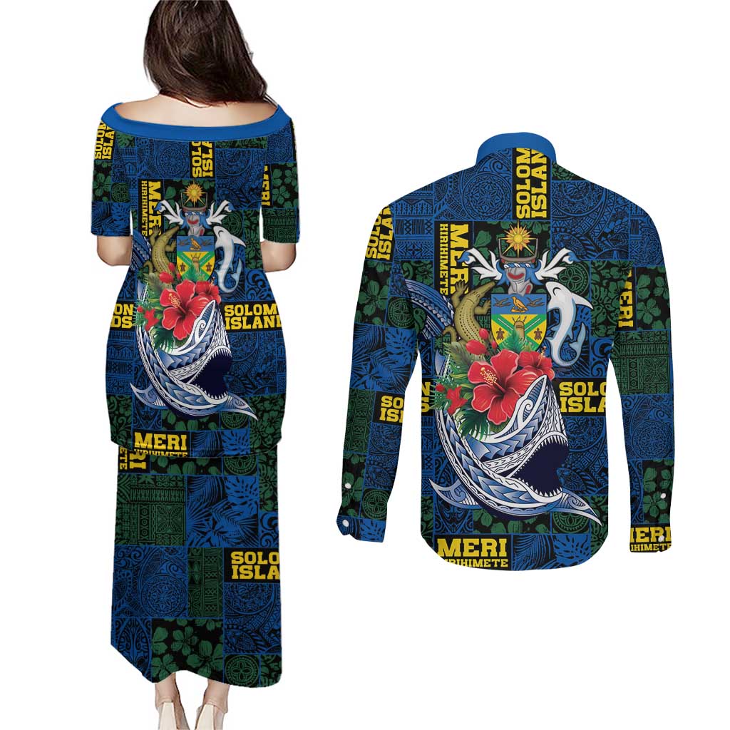 Solomon Islands Meri Kirihimete Couples Matching Puletasi and Long Sleeve Button Shirt Funny Santa Riding Shark LT9 - Polynesian Pride