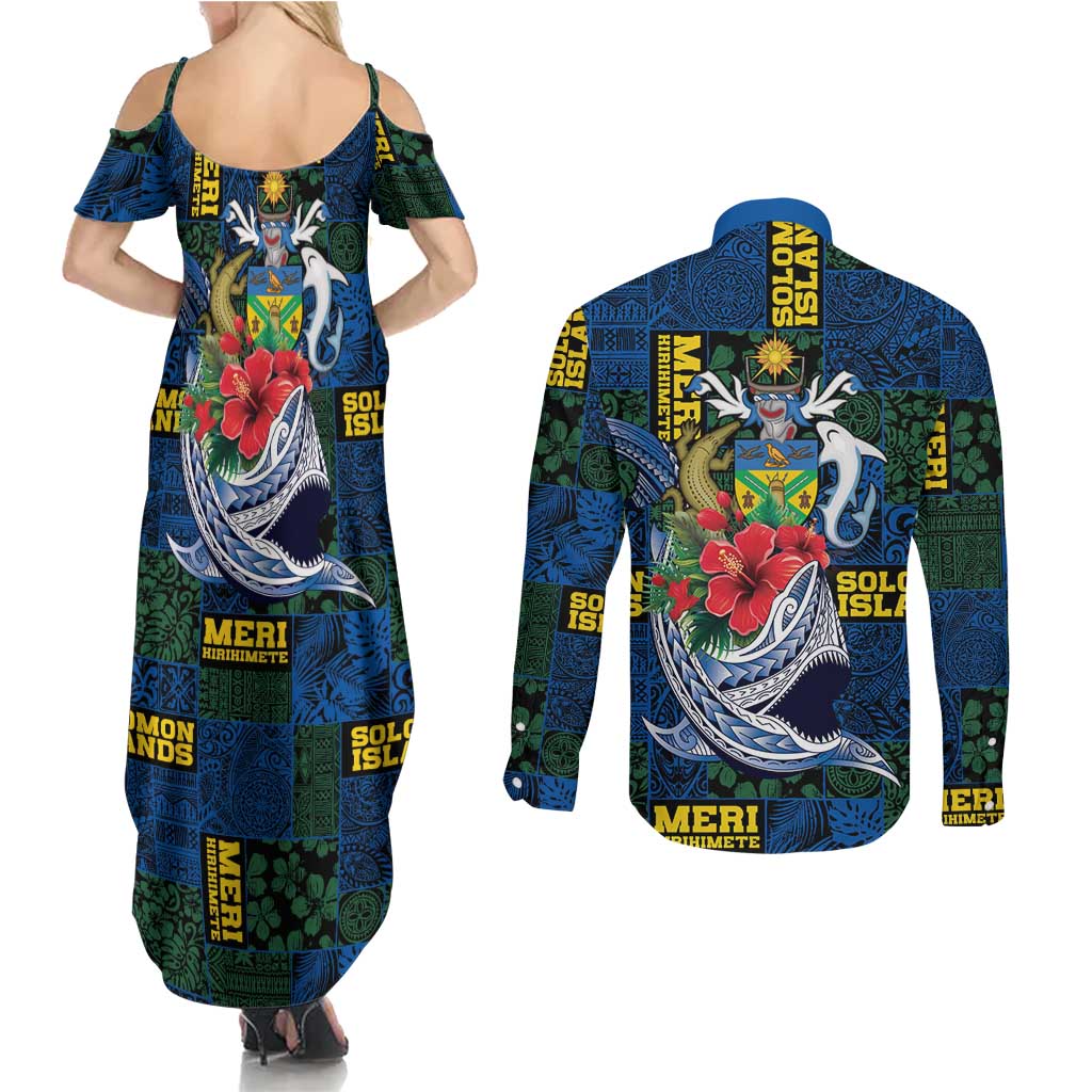 Solomon Islands Meri Kirihimete Couples Matching Summer Maxi Dress and Long Sleeve Button Shirt Funny Santa Riding Shark LT9 - Polynesian Pride