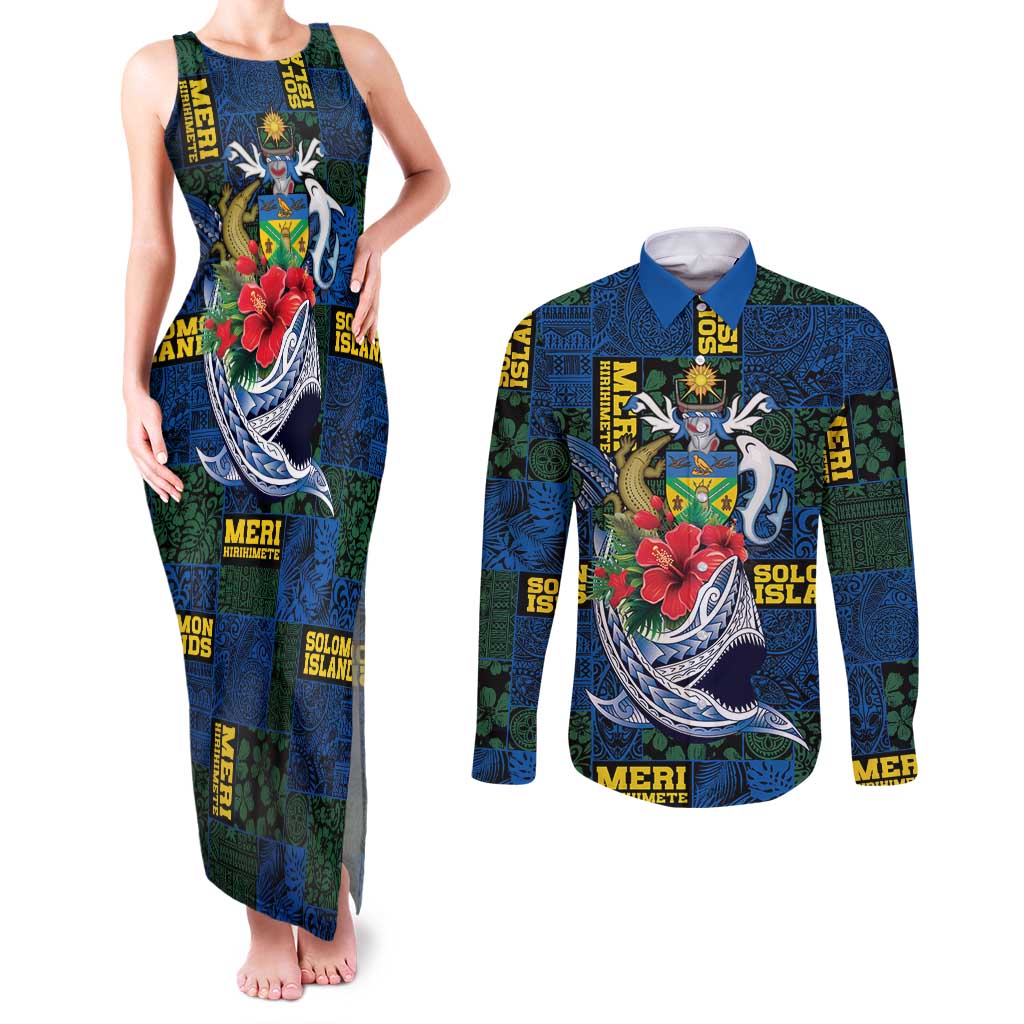 Solomon Islands Meri Kirihimete Couples Matching Tank Maxi Dress and Long Sleeve Button Shirt Funny Santa Riding Shark LT9 Blue - Polynesian Pride