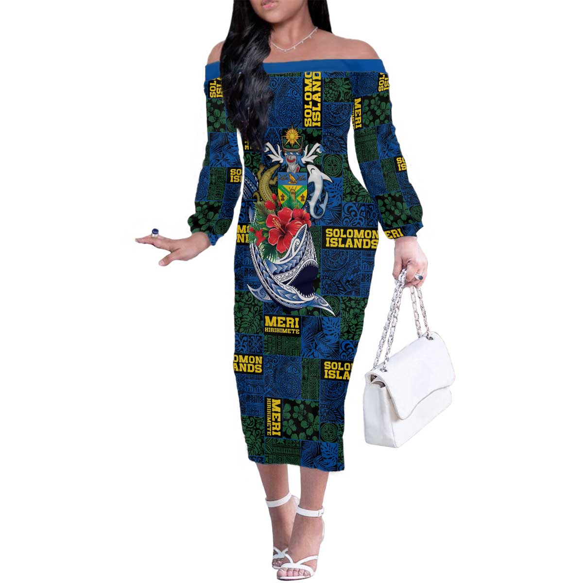 Solomon Islands Meri Kirihimete Family Matching Off The Shoulder Long Sleeve Dress and Hawaiian Shirt Funny Santa Riding Shark - Polynesian Pride