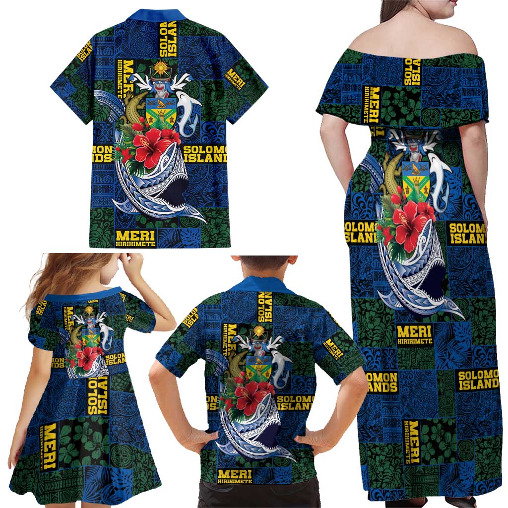 Solomon Islands Meri Kirihimete Family Matching Off Shoulder Maxi Dress and Hawaiian Shirt Funny Santa Riding Shark - Polynesian Pride