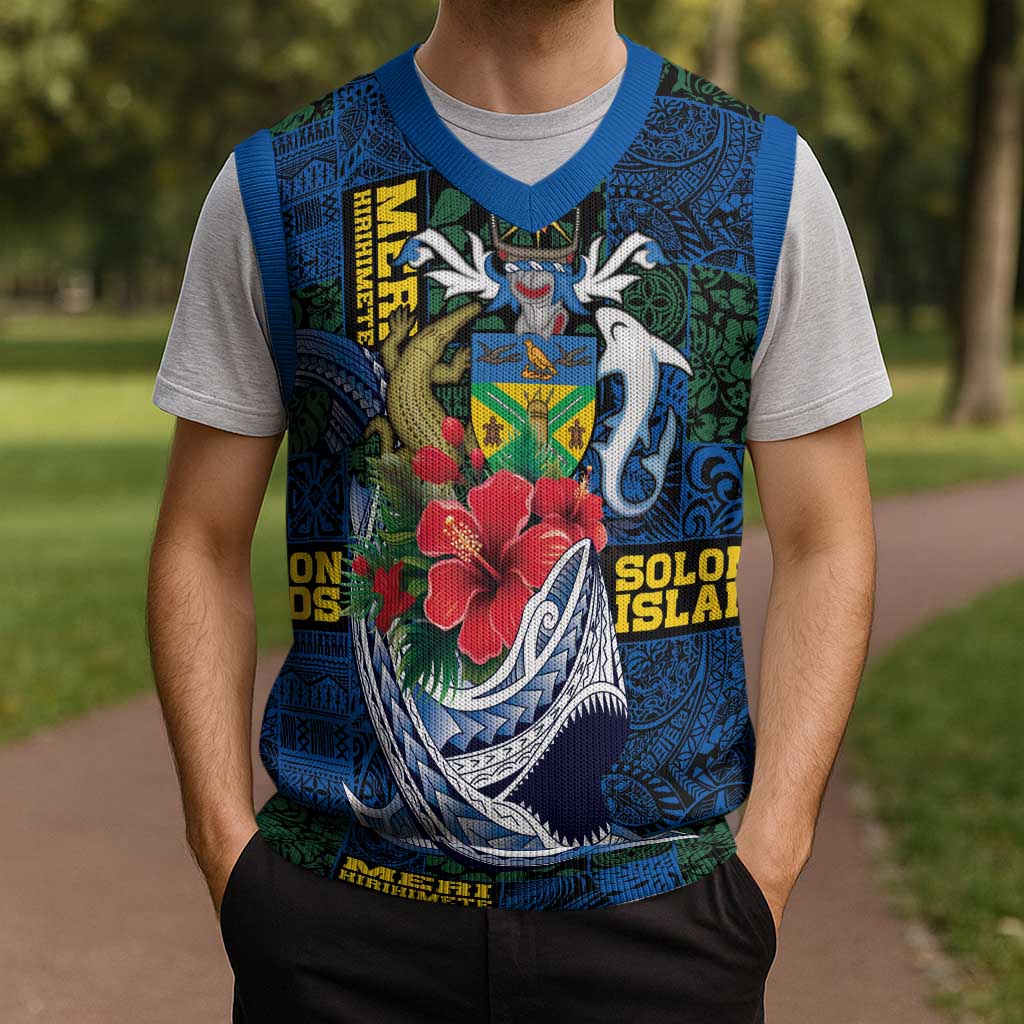 Solomon Islands Meri Kirihimete Christmas Knitted V-Neck Vest Funny Santa Riding Shark - Polynesian Pride