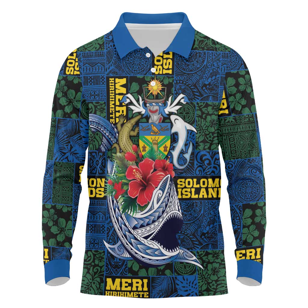 Solomon Islands Meri Kirihimete Long Sleeve Polo Shirt Funny Santa Riding Shark LT9 Blue - Polynesian Pride