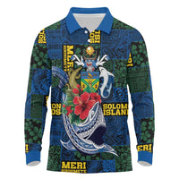 Solomon Islands Meri Kirihimete Long Sleeve Polo Shirt Funny Santa Riding Shark LT9 Blue - Polynesian Pride