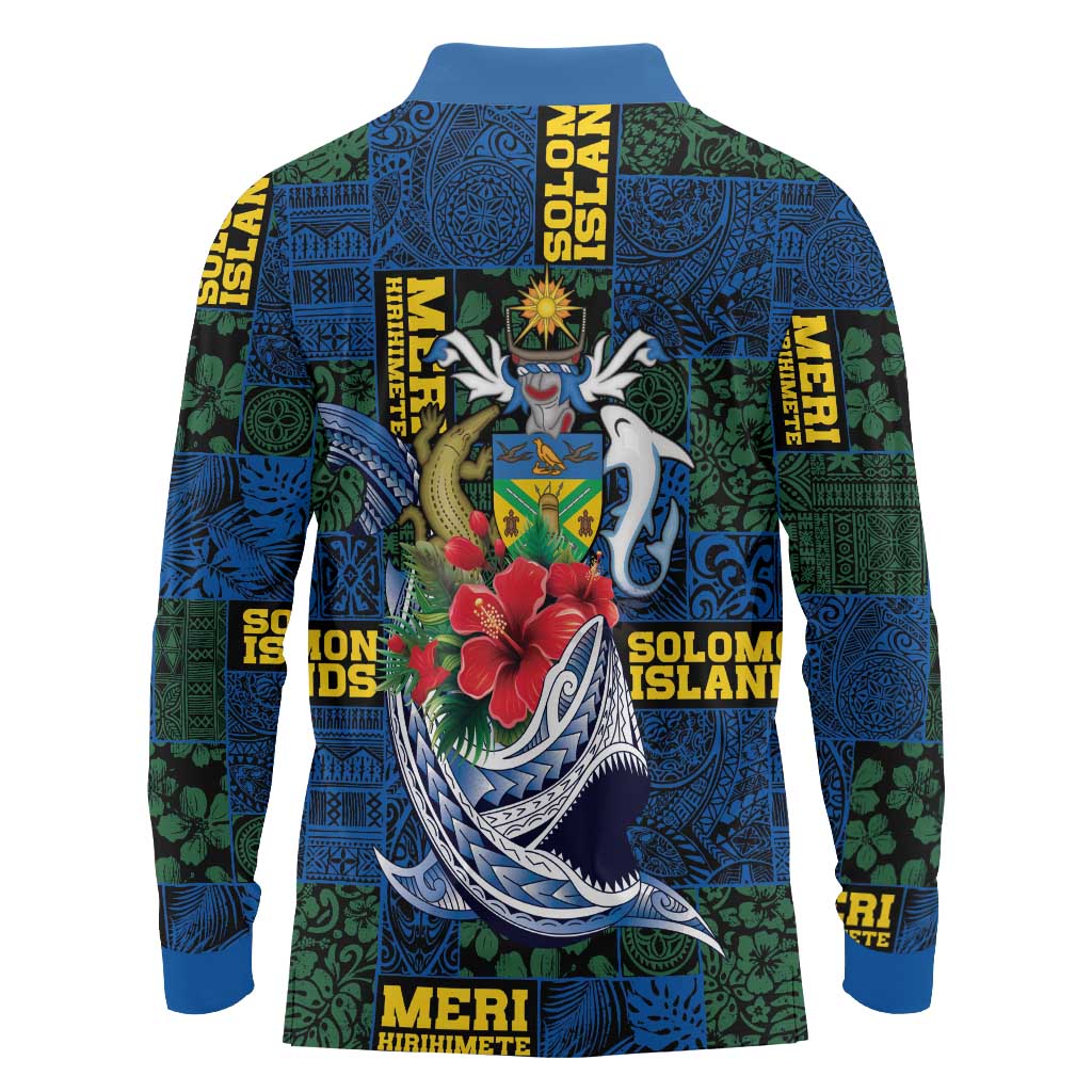 Solomon Islands Meri Kirihimete Long Sleeve Polo Shirt Funny Santa Riding Shark LT9 - Polynesian Pride