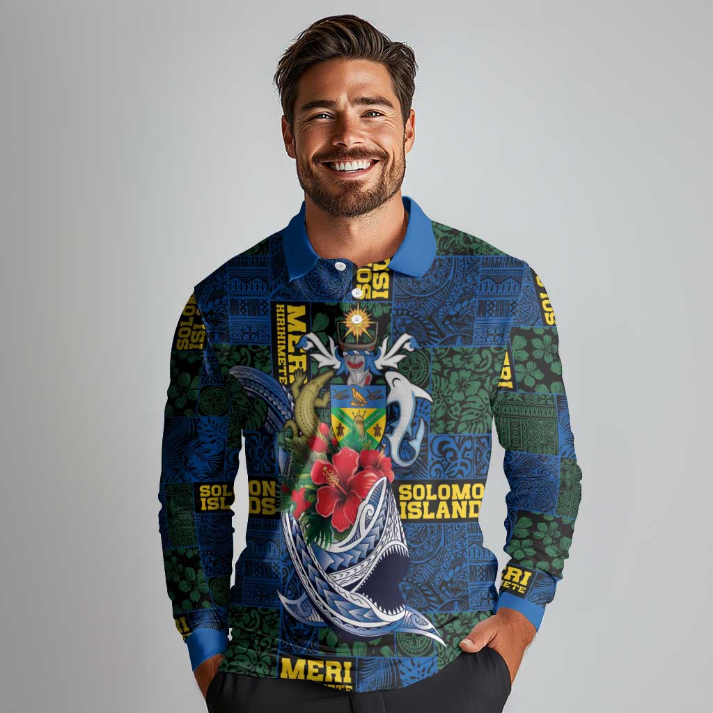 Solomon Islands Meri Kirihimete Long Sleeve Polo Shirt Funny Santa Riding Shark LT9 - Polynesian Pride