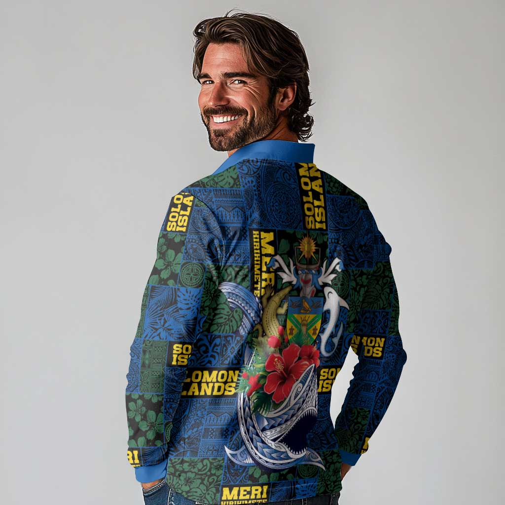 Solomon Islands Meri Kirihimete Long Sleeve Polo Shirt Funny Santa Riding Shark LT9 - Polynesian Pride