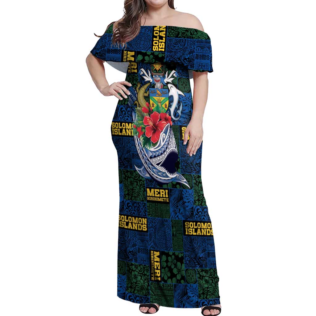 Solomon Islands Meri Kirihimete Off Shoulder Maxi Dress Funny Santa Riding Shark - Polynesian Pride