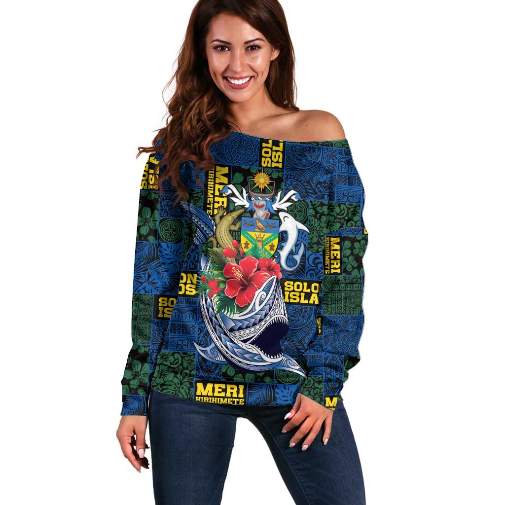 Solomon Islands Meri Kirihimete Off Shoulder Sweater Funny Santa Riding Shark - Polynesian Pride