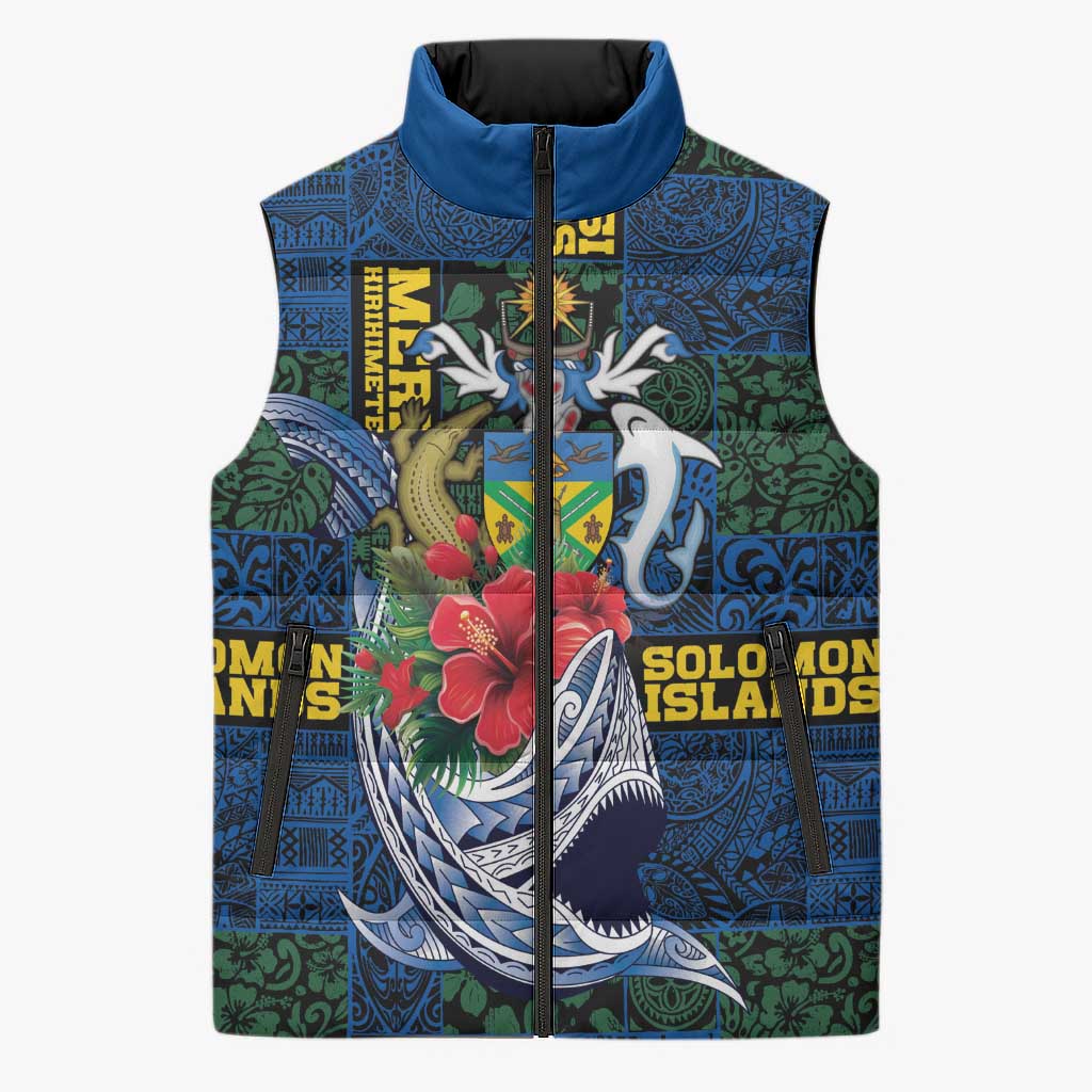 Solomon Islands Meri Kirihimete Sleeveless Puffer Jacket Funny Santa Riding Shark LT9 Unisex Blue - Polynesian Pride