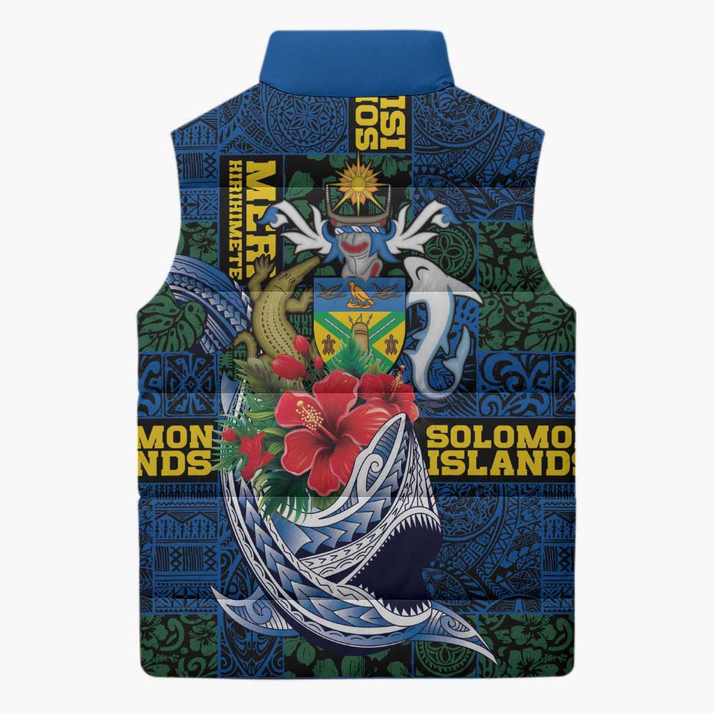 Solomon Islands Meri Kirihimete Sleeveless Puffer Jacket Funny Santa Riding Shark LT9 - Polynesian Pride
