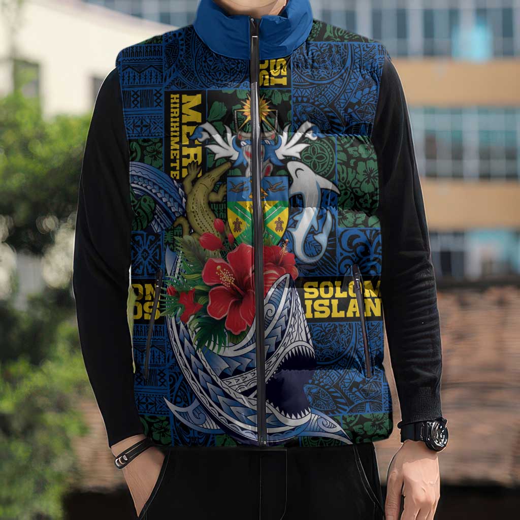 Solomon Islands Meri Kirihimete Sleeveless Puffer Jacket Funny Santa Riding Shark LT9 - Polynesian Pride