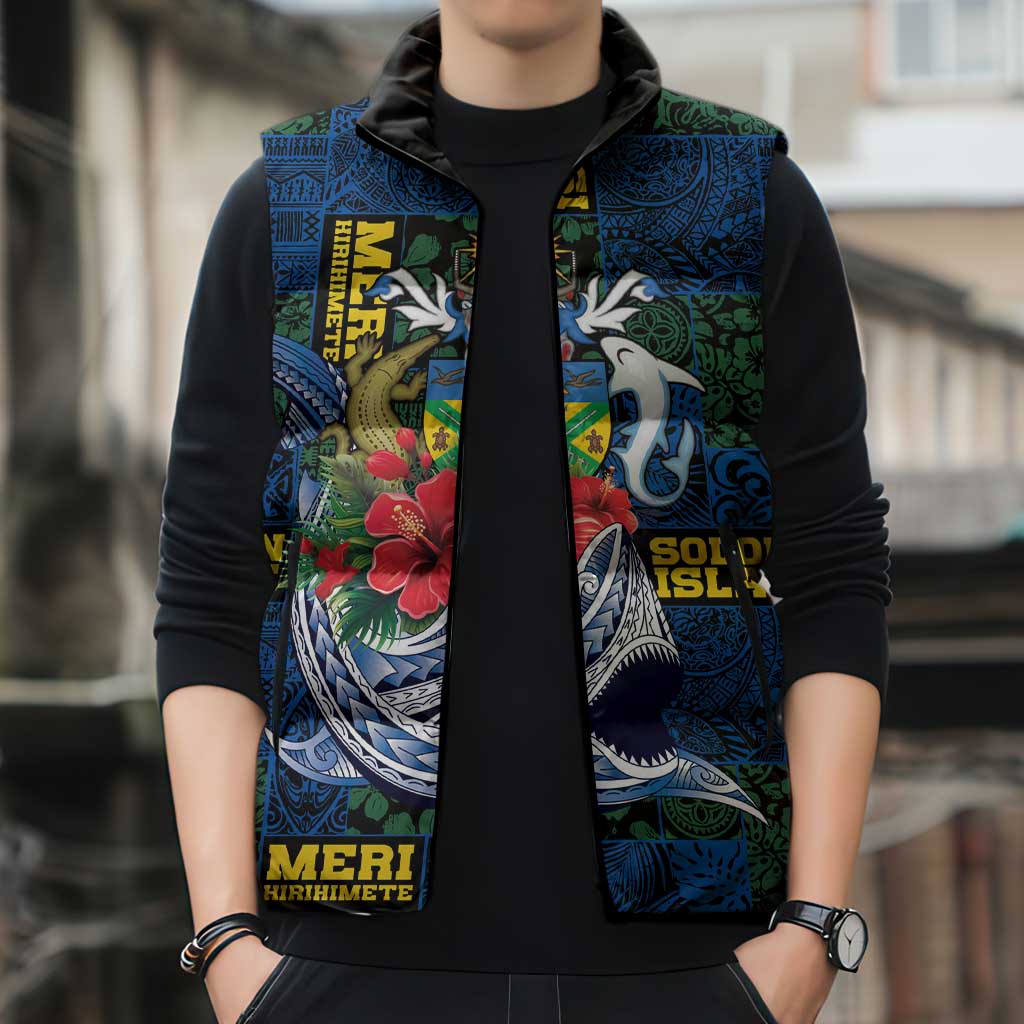 Solomon Islands Meri Kirihimete Sleeveless Puffer Jacket Funny Santa Riding Shark LT9 - Polynesian Pride