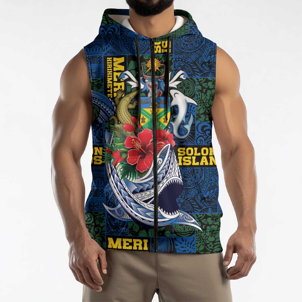 Solomon Islands Meri Kirihimete Sleeveless Zip Hoodie Funny Santa Riding Shark LT9 - Polynesian Pride