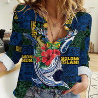 Solomon Islands Meri Kirihimete Women Casual Shirt Funny Santa Riding Shark LT9 Female Blue - Polynesian Pride