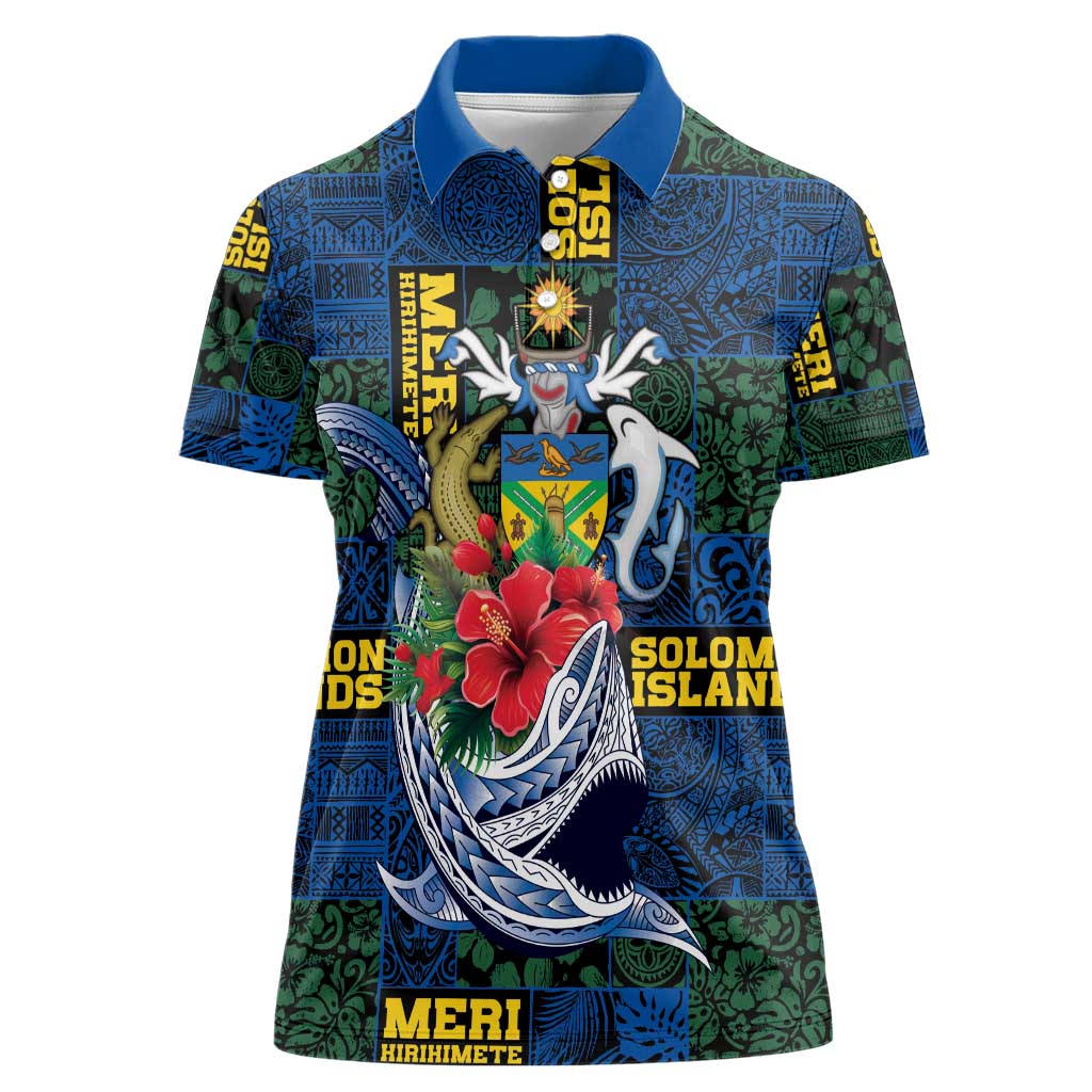 Solomon Islands Meri Kirihimete Women Polo Shirt Funny Santa Riding Shark - Polynesian Pride