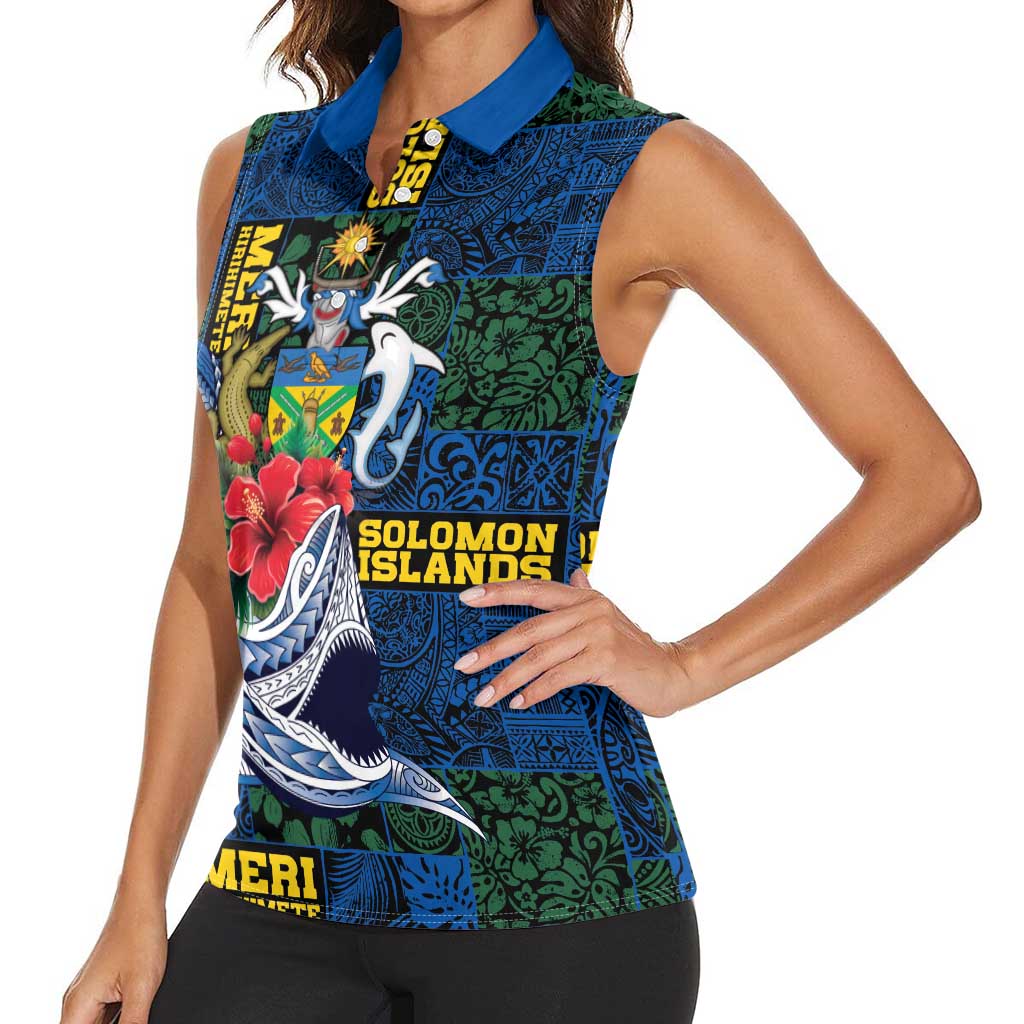Solomon Islands Meri Kirihimete Women Sleeveless Polo Shirt Funny Santa Riding Shark LT9 - Polynesian Pride