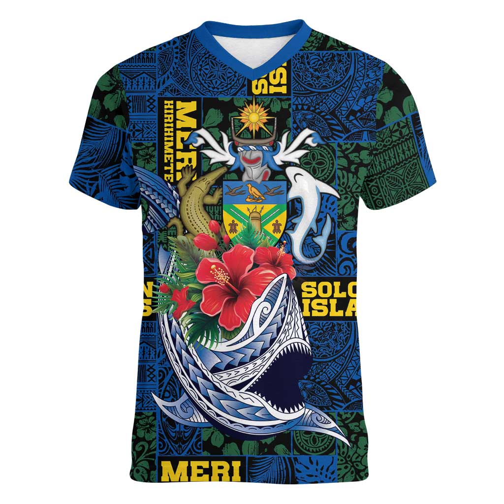 Solomon Islands Meri Kirihimete Women V-Neck T-Shirt Funny Santa Riding Shark LT9 Female Blue - Polynesian Pride