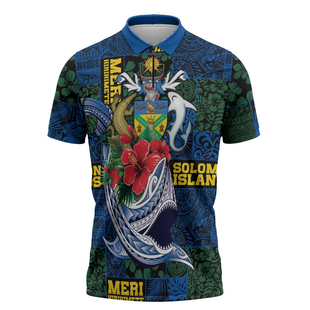 Solomon Islands Meri Kirihimete Zipper Polo Shirt Funny Santa Riding Shark LT9 Blue - Polynesian Pride