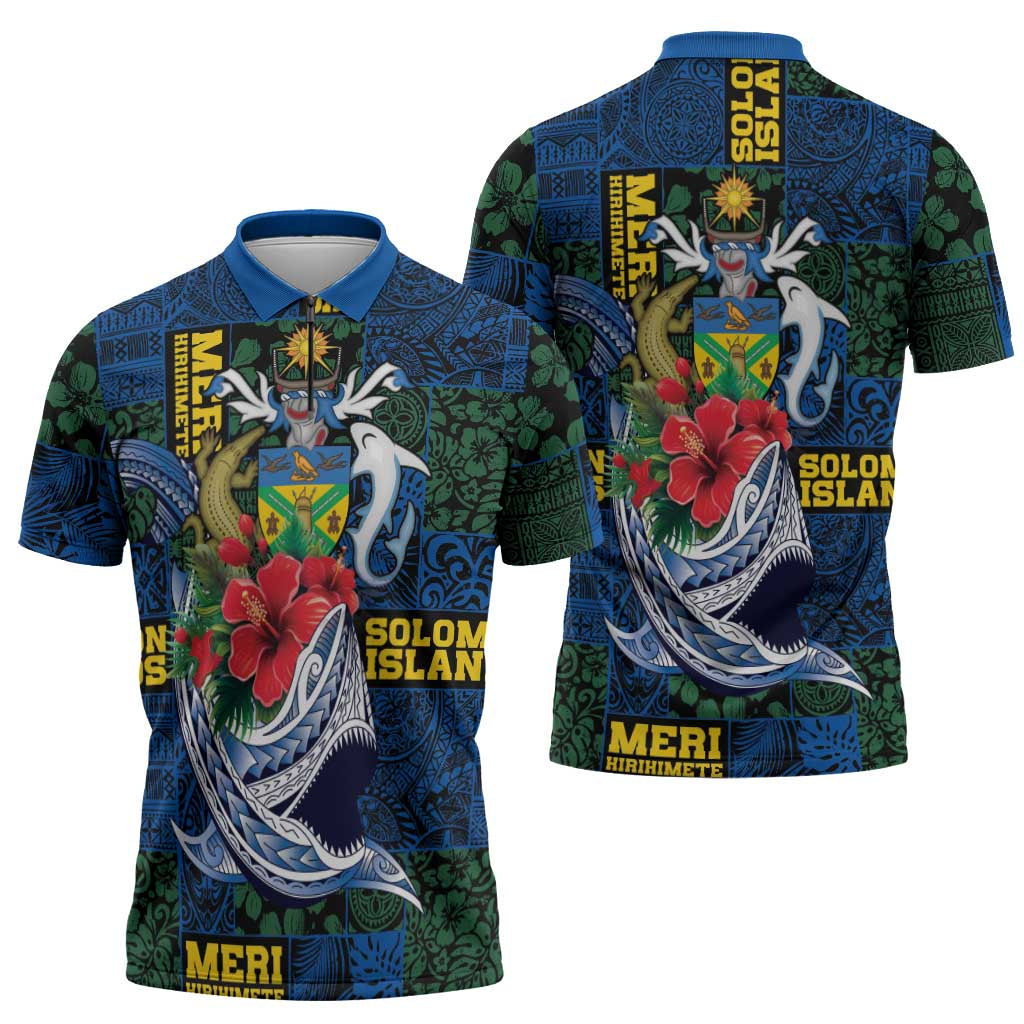 Solomon Islands Meri Kirihimete Zipper Polo Shirt Funny Santa Riding Shark LT9 - Polynesian Pride