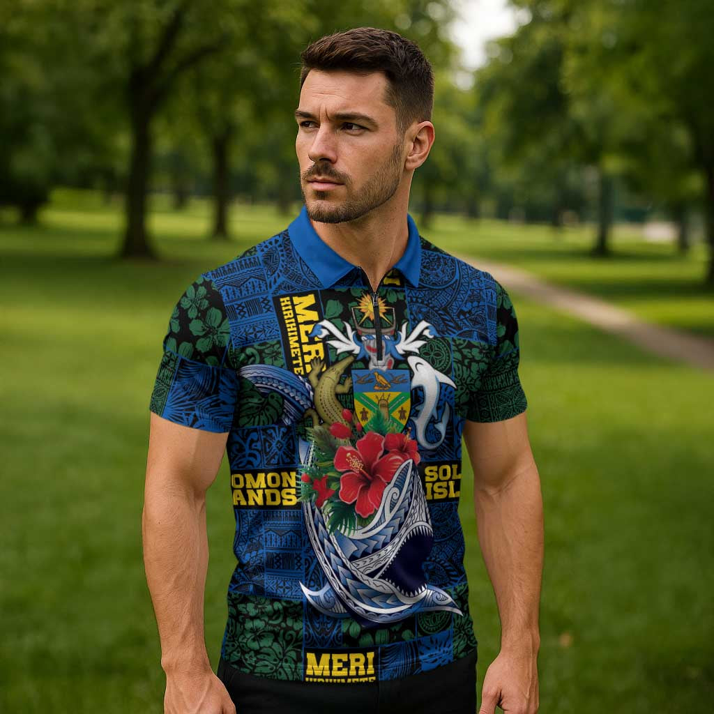 Solomon Islands Meri Kirihimete Zipper Polo Shirt Funny Santa Riding Shark LT9 - Polynesian Pride